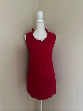 FLAX Red 100% Linen Ruffle V-Neck Sleeveless Shift Mini Dress S Lagenlook Boho
